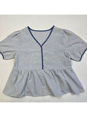Blue Checkered Short Sleeve Peplum Blouse Large V-Neck Cottage Core